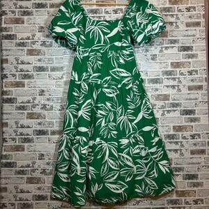 Meadow Rhodes Green White Tropical Leaf Cotton Tiered Puff Sleeve Midi‎ Dress M